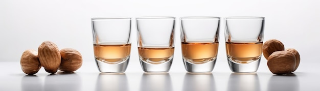 A row of glasses with whiskey in them