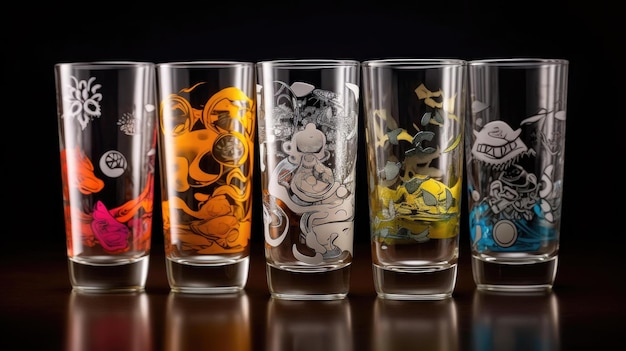 A row of glasses with the word mario on the front