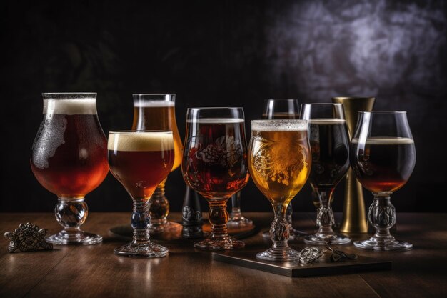 Photo a row of glassware filled with different styles and brands of craft beer created with generative ai