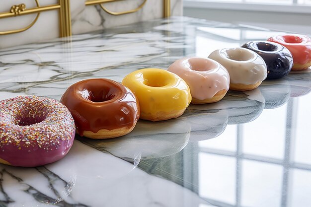 Photo a row of glazed donuts on marble