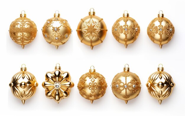 Row of Gold Christmas Ornaments on White Background