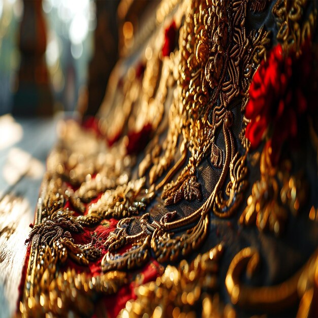 a row of gold and red beads with a red tassel on the top