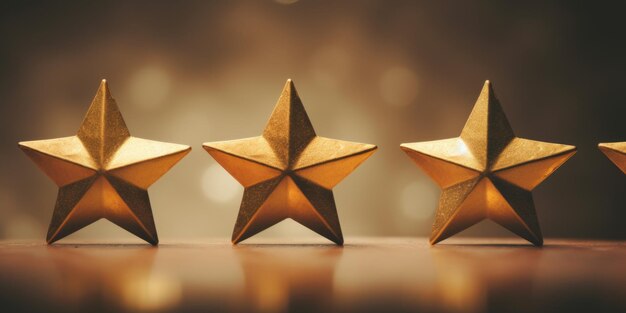 Photo a row of gold stars sitting on top of a wooden table ideal for awards celebrations and recognition