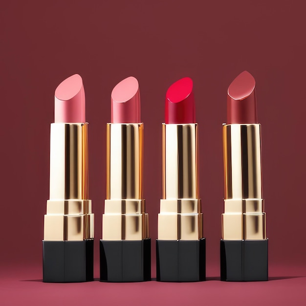 A row of goldblack lipsticks on a red background