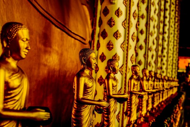 Row of Golden buddha statue in temple