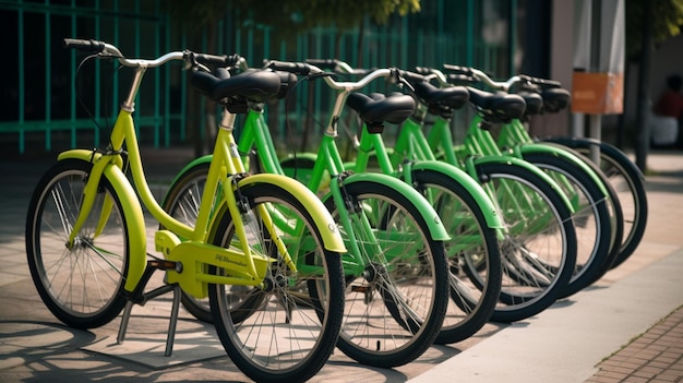 A row of green bikes are lined up in a row.