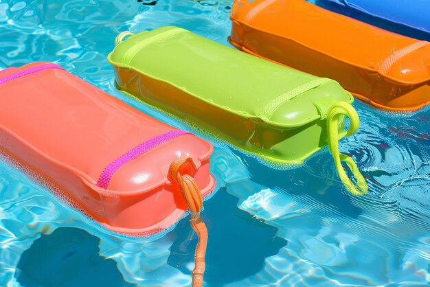 Photo a row of green and blue floating toys are in the water