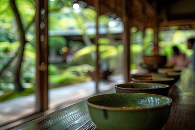 A row of green bowls sitting on top of a wooden table