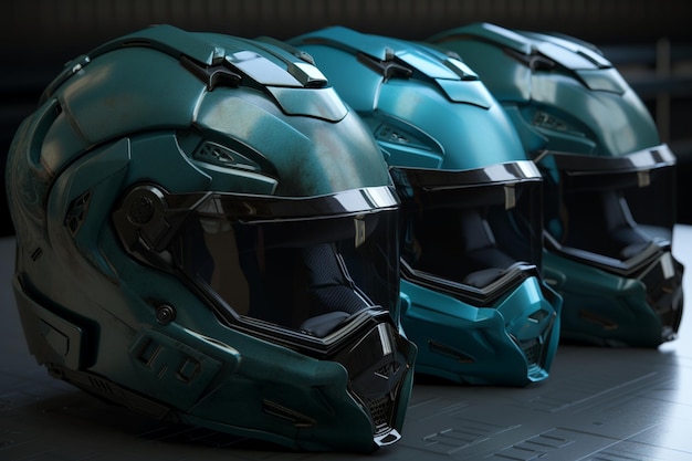 A row of green helmets with the word moto on the front.