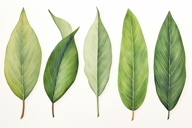 a row of green leafy leaves with the green leaf on the left.