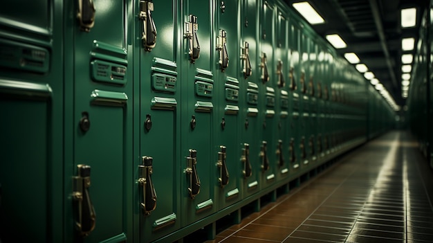 A row of green lockers in a hallway.