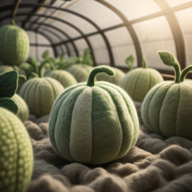 Photo a row of green melons with the sun behind them.