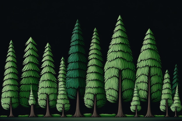 A row of green pine trees in a forest