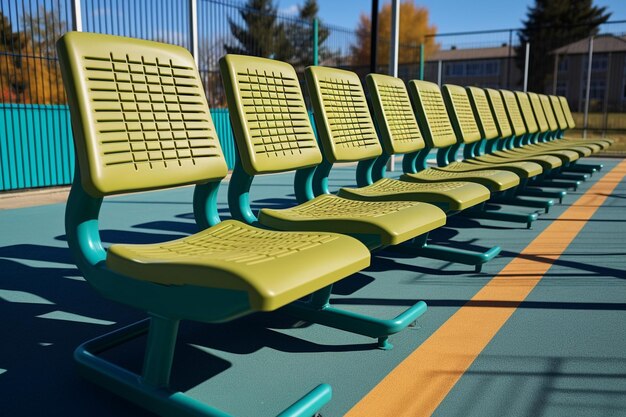 Row of green seats on the playground in sunny day Sports background