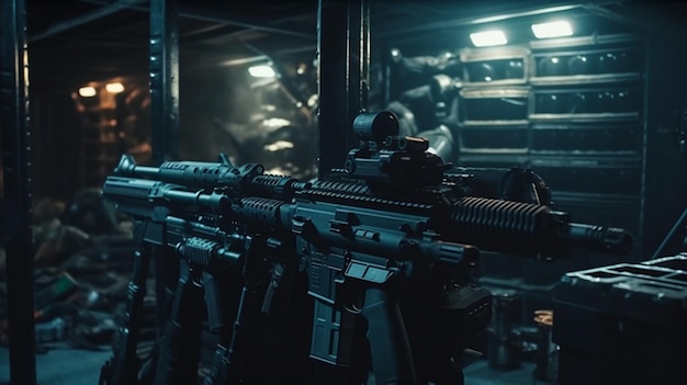 A row of guns in a dark room with the words'guns'on the front.