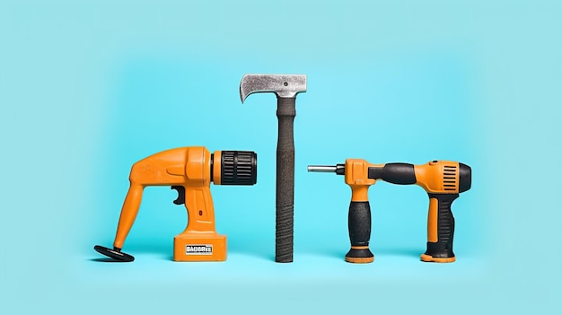 Photo a row of hammers and hammers sit on a blue background.