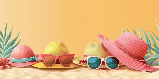 A row of hats and sunglasses on a beach