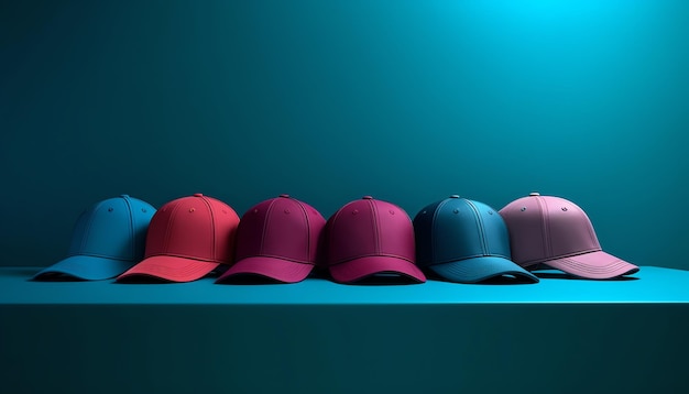 A row of hats with the caps on the right side