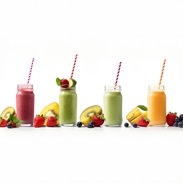 Row of healthy fresh fruit and vegetable smoothies with assorted ingredients served in glass bottles