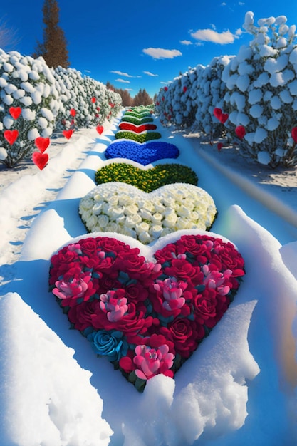 Foto fila di fiori a forma di cuore nella neve ai generativa