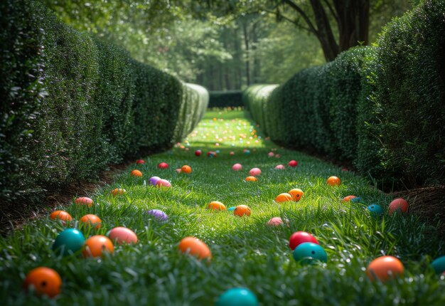 Row of Hedges With Colored Eggs in the Grass