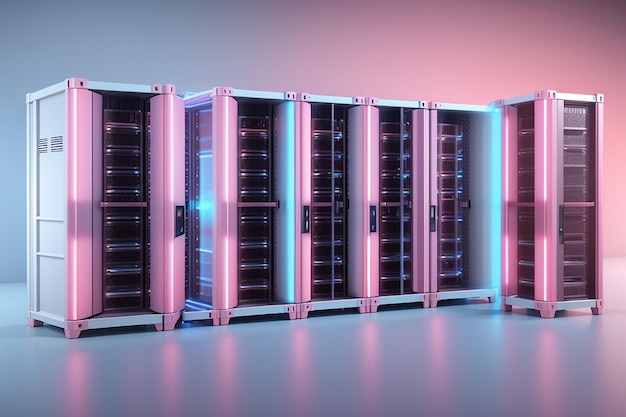 The row of hosting server racks container with pink blue light 3d render illustration image
