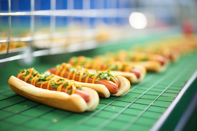 Photo row of hot dogs with relish at a stadium concession stand