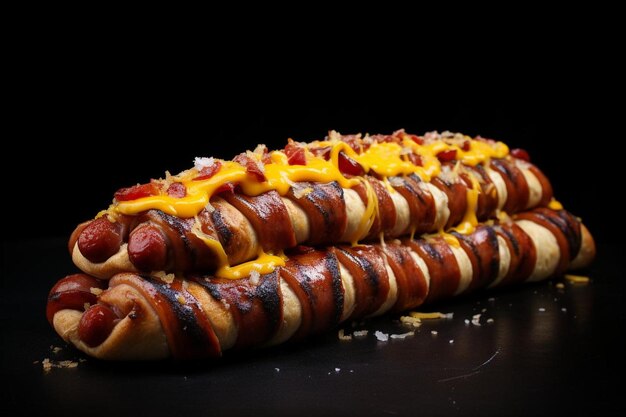 Photo a row of hot dogs wrapped in bacon and cheese