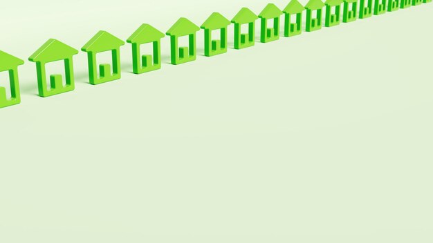 Row of house icons green color in isolated setting housing and real estate theme 3d rendering