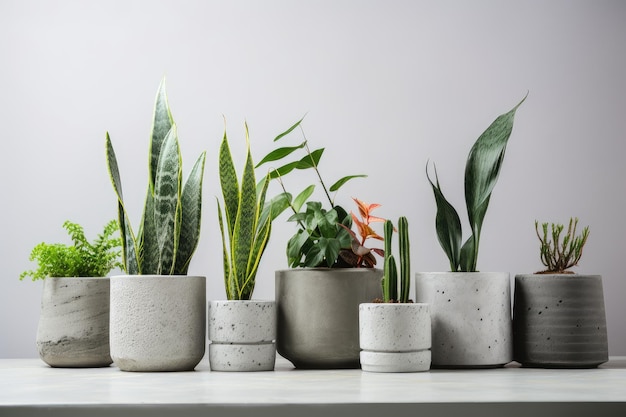 Row of houseplants in concrete flowerpots each with their own unique design