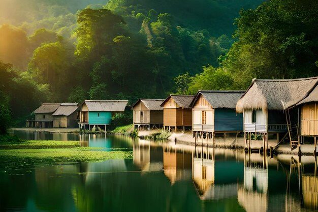 a row of houses by the lake