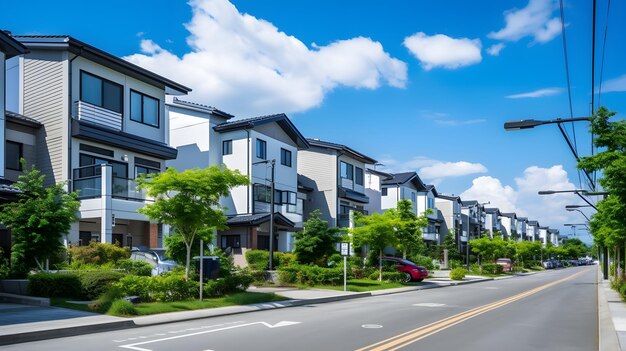 Photo a row of houses sitting on the side of a road generative ai