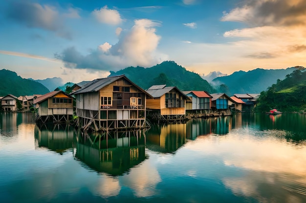 A row of houses on stilts in a lake with mountains in the background