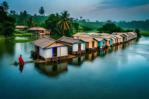 a row of houses on stilts in a river