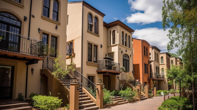 A row of houses with a blue sky in the background