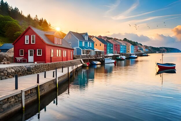 A row of houses with a boat and a bridge in the background