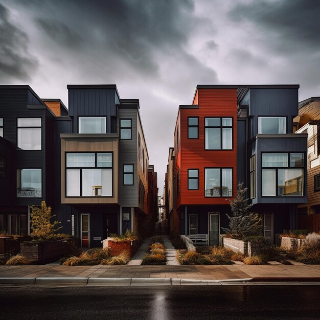 a row of houses with a cloudy sky behind them.