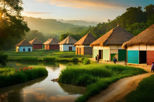 a row of houses with a man walking by a river and a sunset in the background.