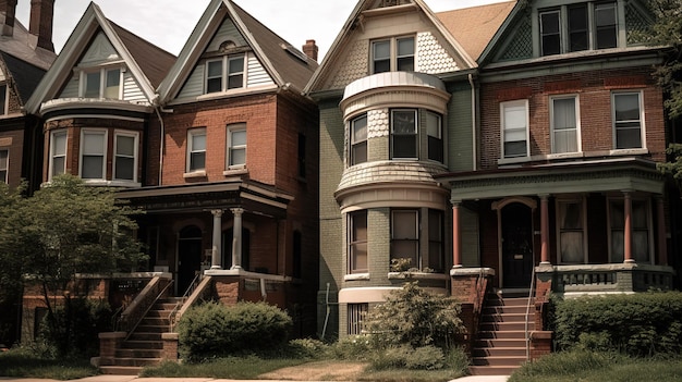 A row of houses with a porch on the front.