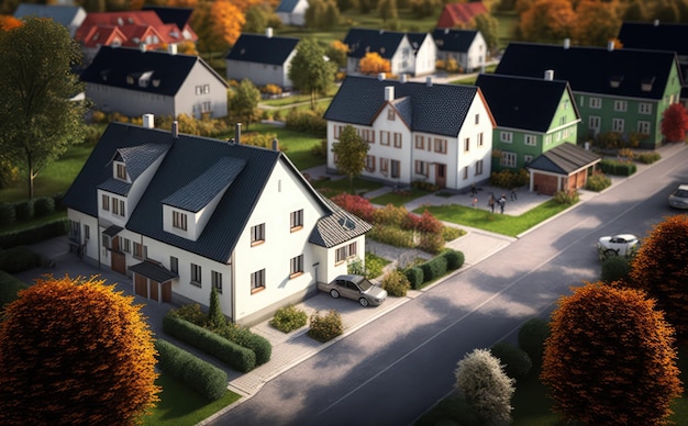 A row of houses with a street in front of them with a sign that says'real estate '