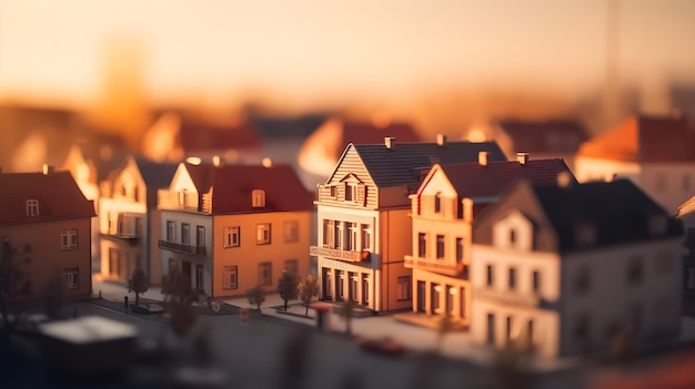 A row of houses with a sunset in the background