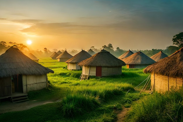 A row of huts in a field at sunset