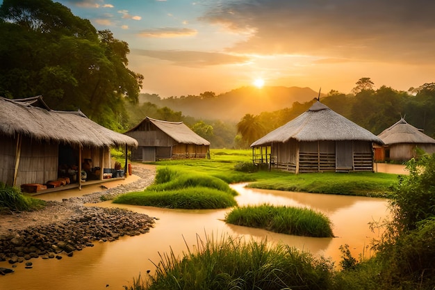 A row of huts with a sunset in the background