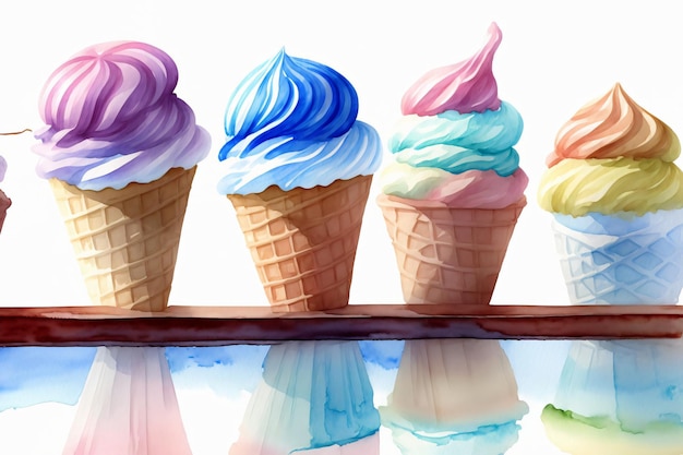 A Row Of Ice Cream Cones Sitting On Top Of A Table