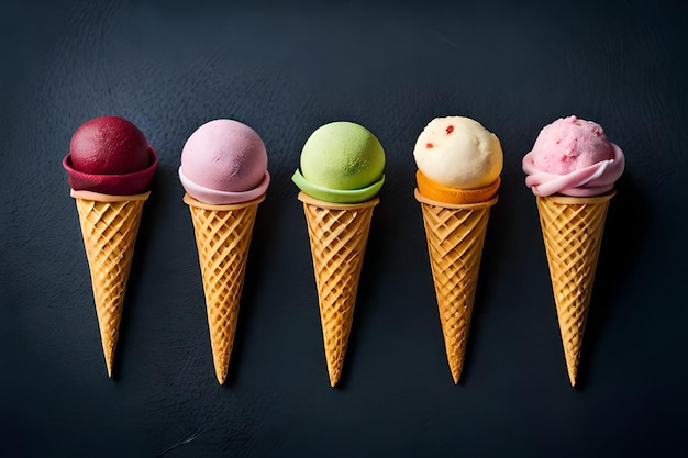 a row of ice cream cones with different colors.