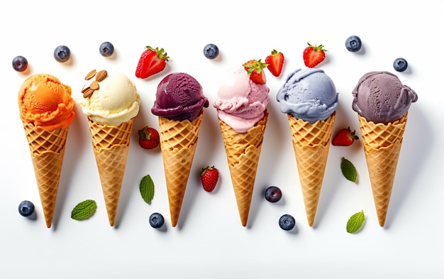 Photo a row of ice cream cones with different flavors including blueberries, strawberries, and blueberries.