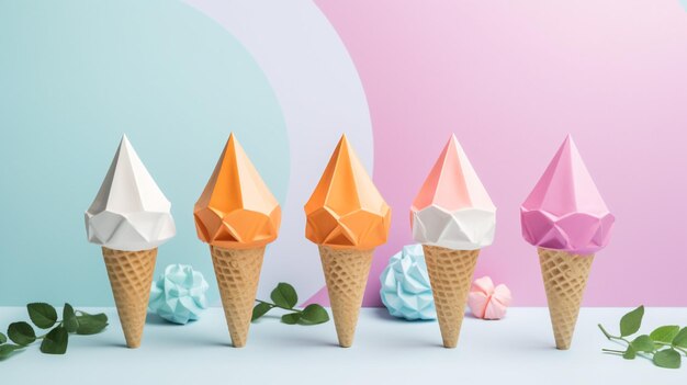 A row of ice cream cones with different flavors on them.