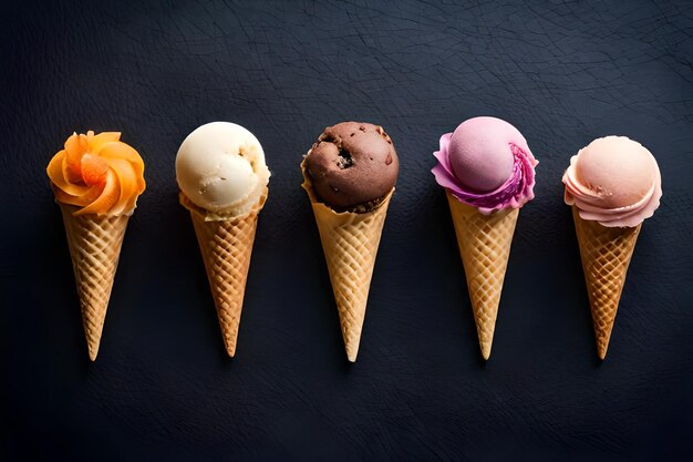 a row of ice cream cones with different flavors on them.