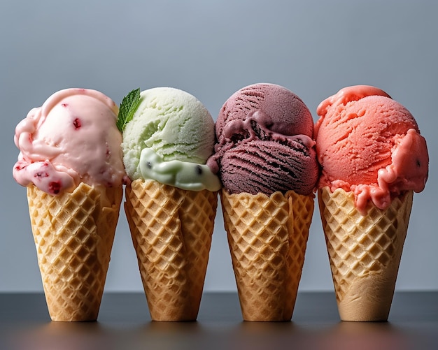 Ряд конусов мороженого с разными вкусами на них
