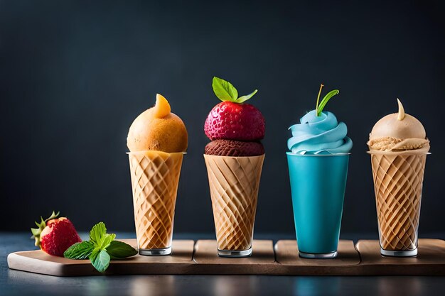 A row of ice cream cones with ice cream and strawberries on a wooden tray